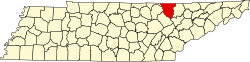 Map of Tennessee highlighting Scott County